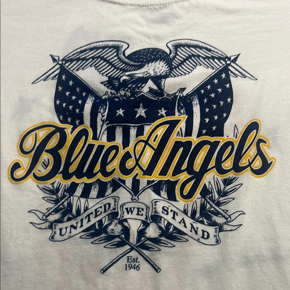Angels White Tee with Blue and Gold Graphic